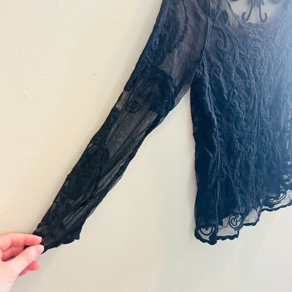 Express Embroidered Mesh Long Sleeve Blouse Womens Size XS Black Lace Sheer - Picture 5 of 10